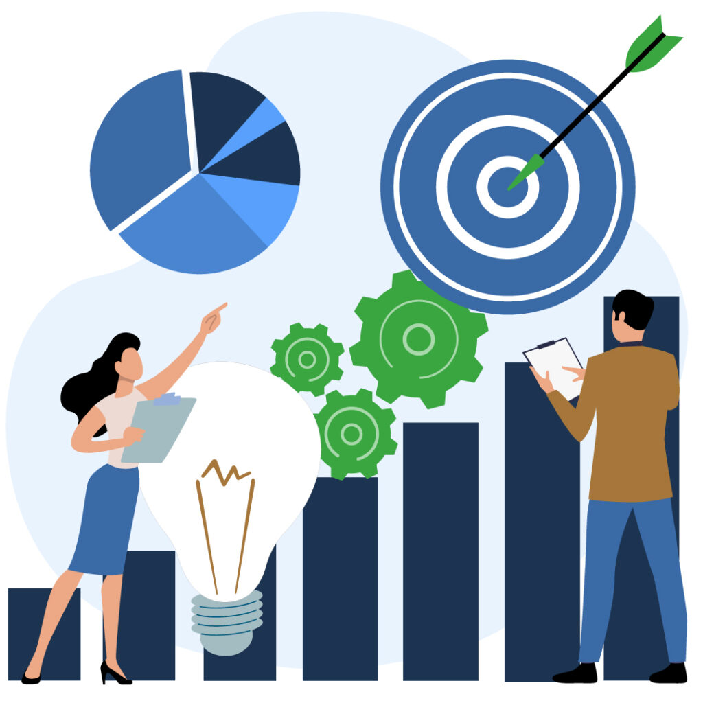 Illustration of Sales Representatives, graphs, gears, lightbulb, and a target