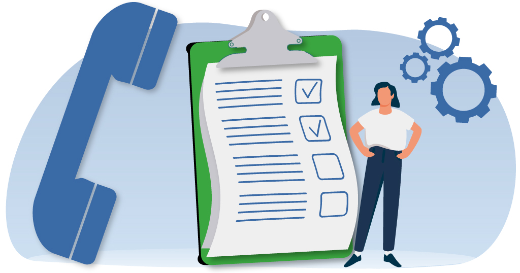 Illustration of phone, checklist, SDR, and gears