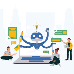 Illustration of a 4 armed robot helping multiple people