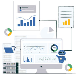 Illustration of a robot pointing to a Dashboard with various other data visualizations and computer iconography