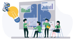 Illustration of SDRs brainstorming with graphics of a brain, robot, and lightbulb around them